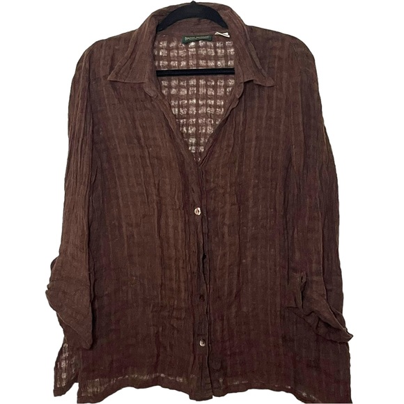 Vintage Tops - Vintage gauzy textured 100% linen chocolate brown button down size XL